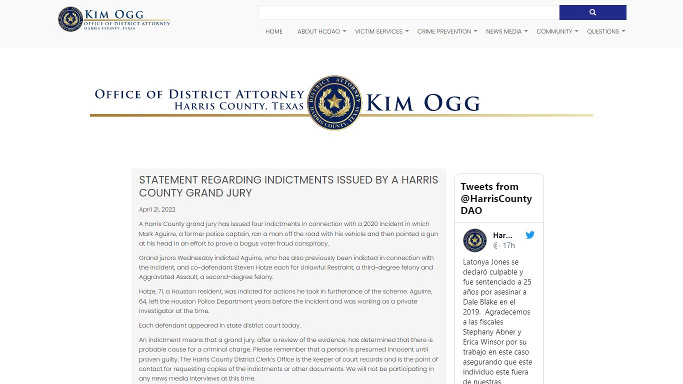 STATEMENT REGARDING INDICTMENTS ISSUED BY A HARRIS COUNTY GRAND JURY