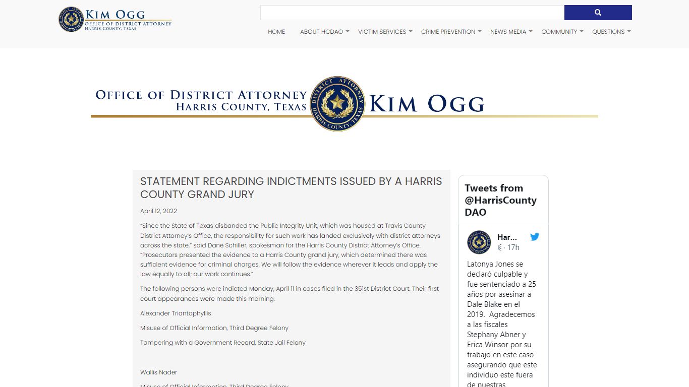 Statement regarding indictments issued by a Harris County grand jury ...
